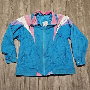 Woman’s Zip Up Windbreaker Retro Jacket BE IN THE CURRENT SEEN Size M Blue Pink